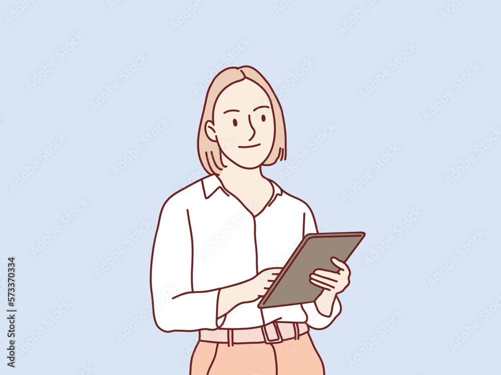 Young office woman taking notes in copybook standing simple korean style illustration Young office woman taking notes in copybook standing simple korean style illustration