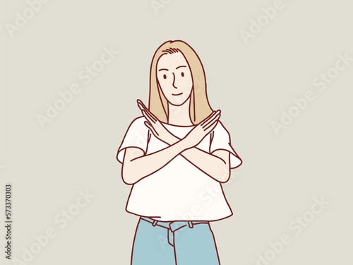 Woman young serious stop Gesture refuse no With Crossed x Hands simple korean style illustration
