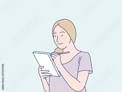 Woman mom taking notes in copybook standing simple korean style illustration