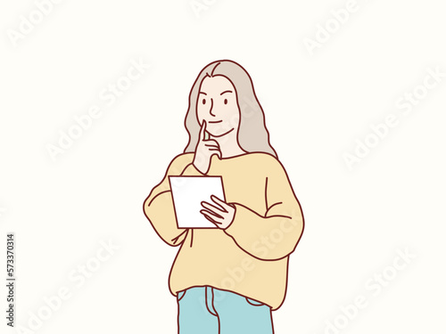 Young woman looking for ideas taking notes on paper standing simple korean style illustration