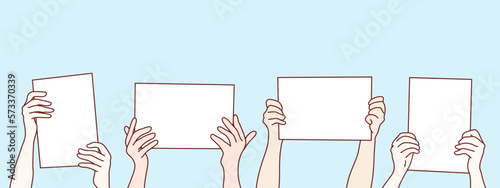 hand holding lift up white blank banner paper simple korean style illustration
