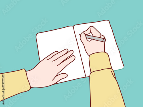 views above hand taking notes in blank notebook simple korean style illustration