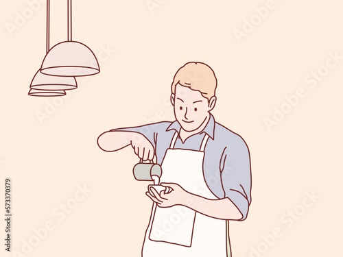 Smiling barista man serving coffee pour milkin a coffee cup simple korean style illustration