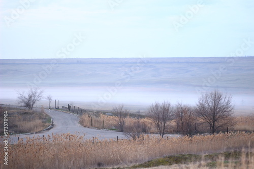 steppe landscape with fog