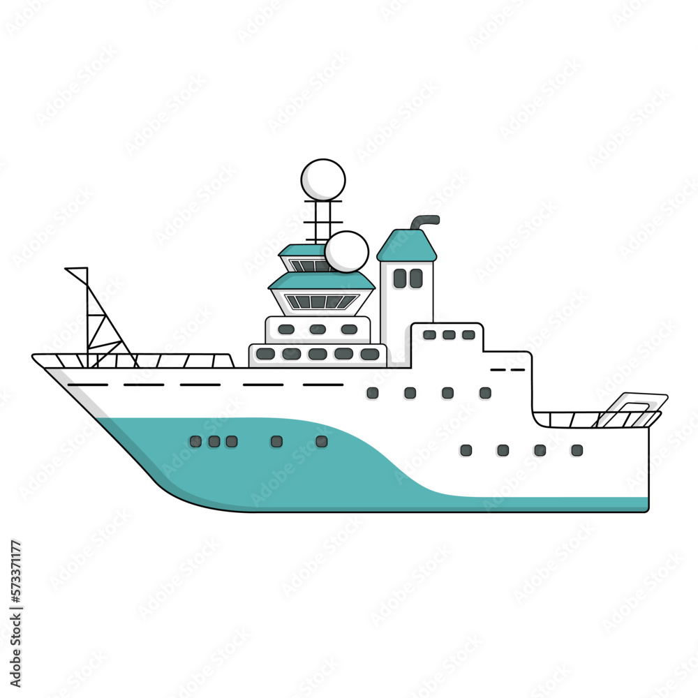 Blue white deep sea research vessel, expedition ship, vector hand drawn outline isolated illustration