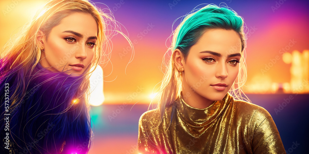 Portriat of two pretty young women. Neon glowings in style of synthwave. Purely AI generated without any reference , this is not a real persons - obrazy, fototapety, plakaty 