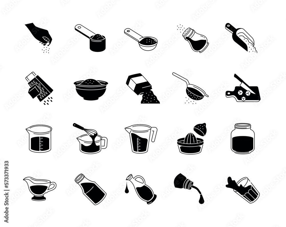 Cooking measures black icons set. Collection of kitchen utensils. Salt