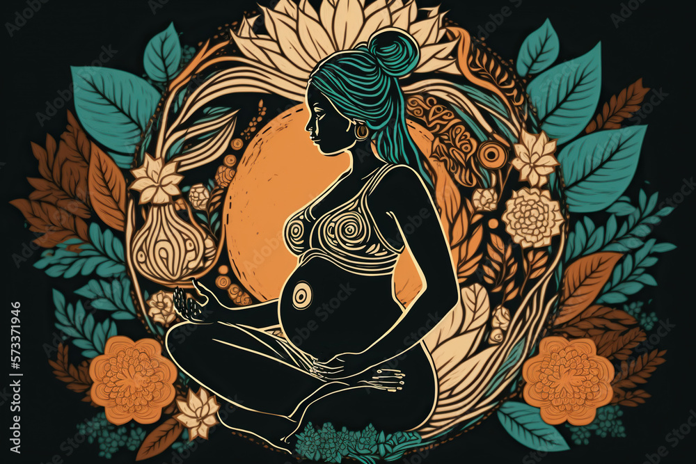 Pregnant yoga in boho style on a colored background, concept of Boho Chic  and Maternity Yoga, created with Generative AI technology Stock  Illustration