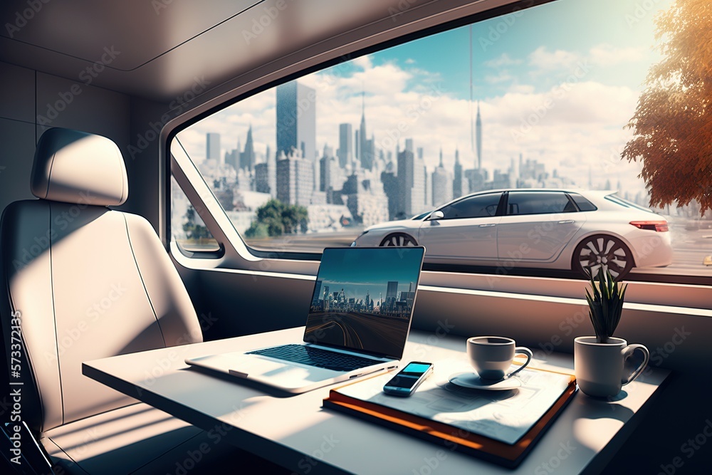 Modern car interior with white seats and a table with a laptop on it, view of city and a car through the window, generative ai Modern car interior with white seats and a table with a laptop on it, view of city and a car through the window, generative ai
