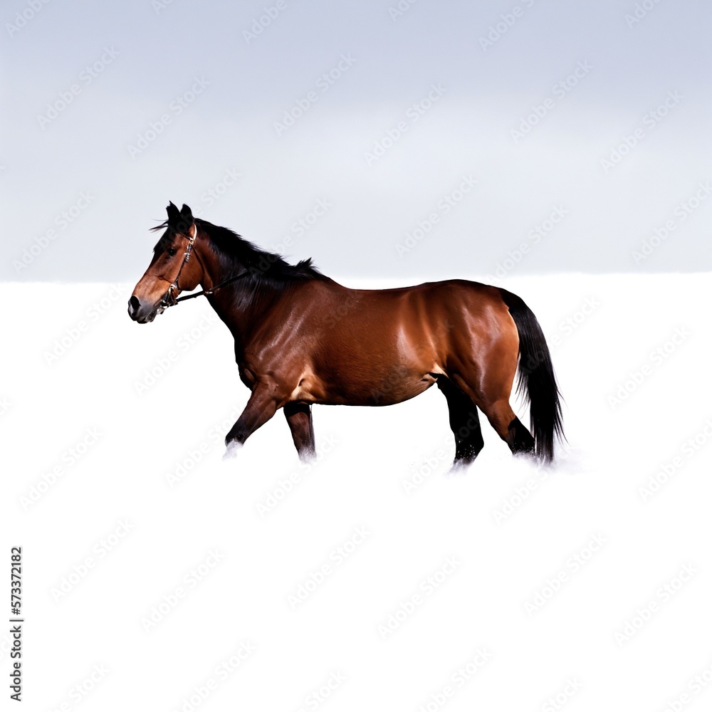 Naklejka premium Majestic Brown Horse in Winter Snow Created with Generative AI and Other Techniques