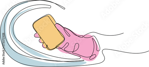Continuous one line drawing of hand doing chores with disinfectant spray and microfiber cloth at home concept of disinfection. Easy to place your text and brand logo. Vector illustration