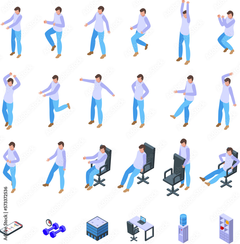 Office workout icons set isometric vector. Ergonomic fit. Stretching people