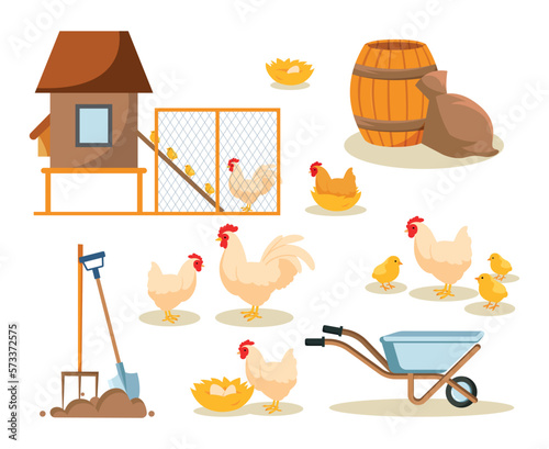 Set of chickens. Collection of farm animals. Agriculture and village, ranch. Nest and house, barn. Mother with baby, chick and eggs. Cartoon flat vector illustrations isolated on white background