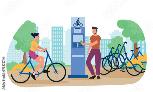 Bicycles for rent. Man gives transport for money, travel and recreation. Modern outdoor service. Automated bike rental system at nature. Payment with money and card. Cartoon flat vector illustration