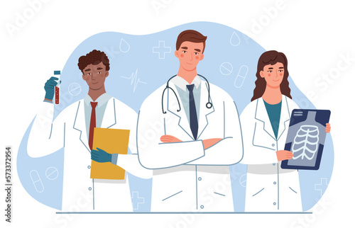 Team of doctors. Men with test tube and woman with xray in their hands. Therapists and chemists in laboratory analyze composition of blood and conduct research. Cartoon flat vector illustration