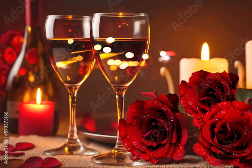  glasses of wine , Roses flowers,petal and candles blurred light  on table Romantic  Background for Valentine day