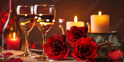  glasses of wine , Roses flowers,petal and candles blurred light on table Romantic Background for Valentine day