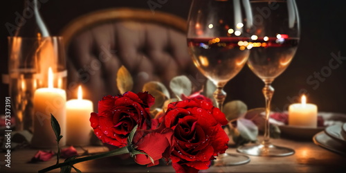  glasses of wine , Roses flowers,petal and candles blurred light on table Romantic Background for Valentine day