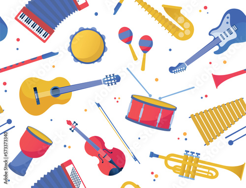 Musical instruments seamless pattern. Repeating design element for printing on fabric. Guitar, violin and drum, maracas, trumpet and electric guitar, saxophone. Cartoon flat vector illustration