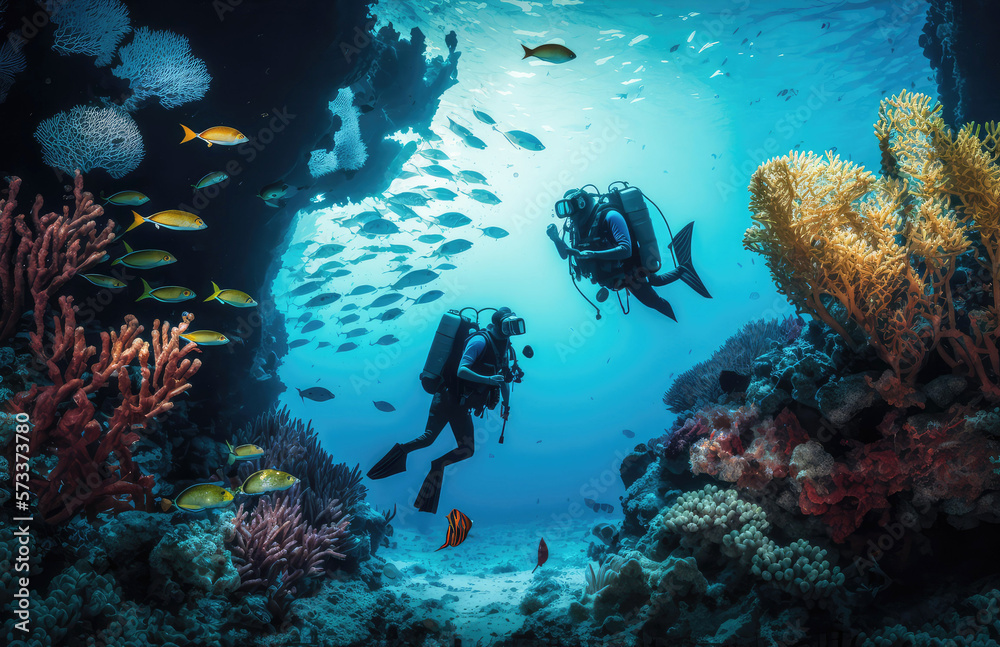 Fototapeta premium Divers diving in the coral ref, divers paradise in the tropics, 3d render , generative ai