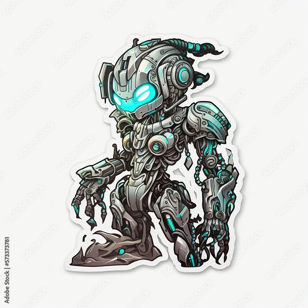 cyborg sticker, anime theme, ai robot sticker, white background 