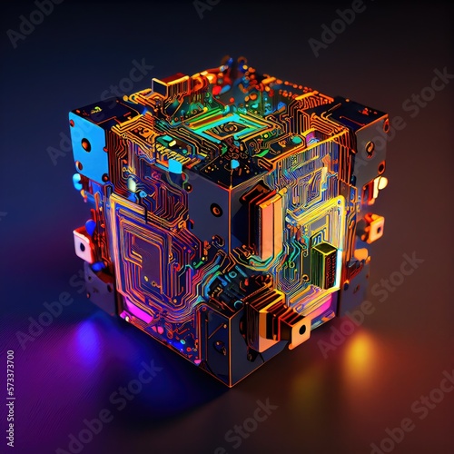 Illustration of ircuit board rubix cube high tech digital cyber art, generative ai photo