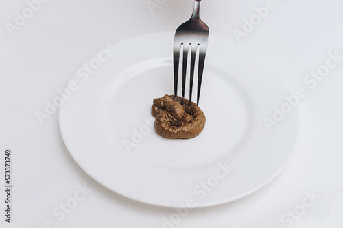 A fork is touching artificial feces lying on a white plate. The concept of an inept cook, a crappy restaurant, bad food, a taste of shit. Bad smelling joke, propaganda, fake news.