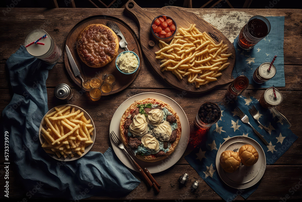 Top down view flat lay illustration table full of typical American favorite dinner foods such as fries and pizza. Generative AI.