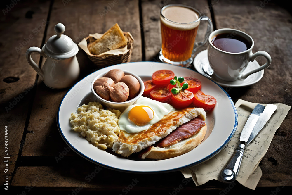 Illustration of typical english breakfast with a side of coffee and tea. Generative AI. 
