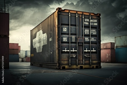 Render of a black cargo container stormy sky in the background. Generative AI.