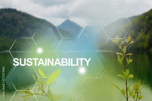 World Environment Day concept —  sustainability and clean future. Pure water of lake in the mountains — protecting nature for future generations by clean energy.