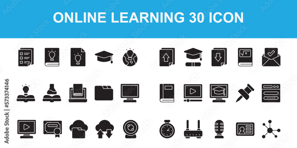 Online Learning Icon Pack With 64px x 64px, solid style or glyph style, simple icon for study or web, app