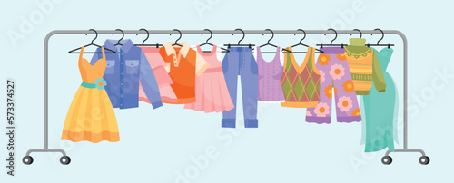 Clothes on racks concept. Wardrobe with childrens clothes, small jeans, blouse and t shirts. Fashion, trend and style. Underwear and apparel. Secondhand and boutique. Cartoon flat vector illustration