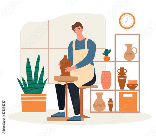 Man making vase. Pottery workshop, ceramicist making clay crockery at potters wheel. Craft and handmade crockery and kitchen utensil. Creativity and art. Cartoon flat vector illustration
