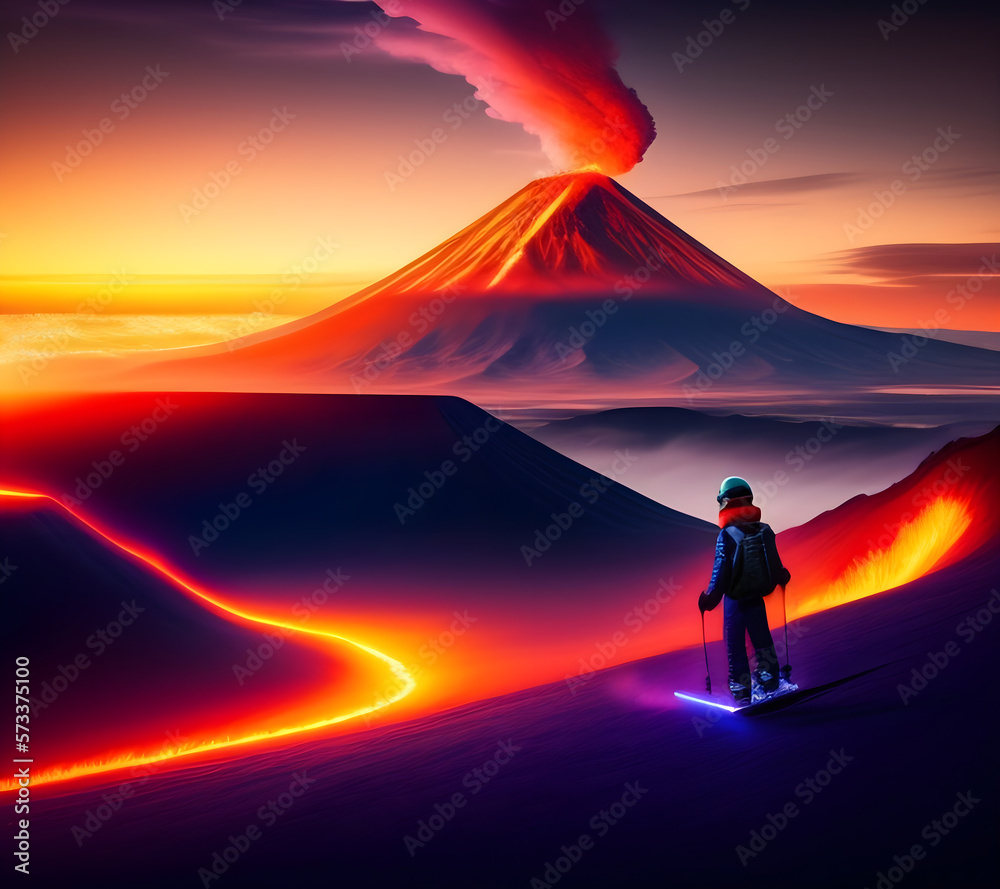 man skiiing on a volcano, neon lights - Created with AI