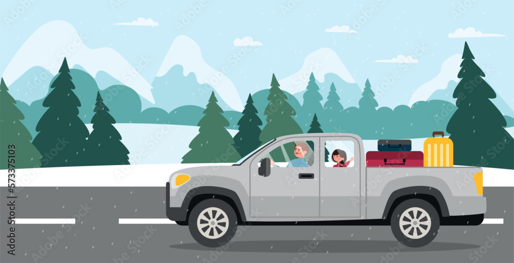 Winter holiday car trip. Man and woman ride in gray pickup truck with suitcases against backdrop of forest and mountains under snowfall. Active lifestyle and camping. Cartoon flat vector illustration Winter holiday car trip. Man and woman ride in gray pickup truck with suitcases against backdrop of forest and mountains under snowfall. Active lifestyle and camping. Cartoon flat vector illustration