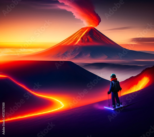 man skiiing on a volcano  neon lights - Created with AI