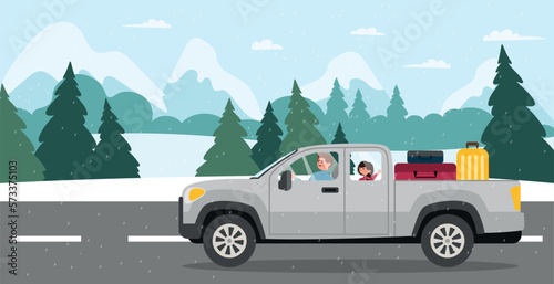Winter holiday car trip. Man and woman ride in gray pickup truck with suitcases against backdrop of forest and mountains under snowfall. Active lifestyle and camping. Cartoon flat vector illustration