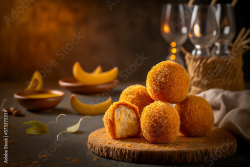 closeup of some spanish croquettes in a white and plate placed on a rustic wooden table, and a oil, spanish beer, alioli at background, generative ai. photo