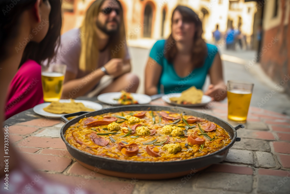 People in th Spanish terrace with Spanish paella with seafood served in a pan. Fresh Shrimp, Scampi, mussels, squid, octopus and scallops. Spanish typical, comida española, generative ai