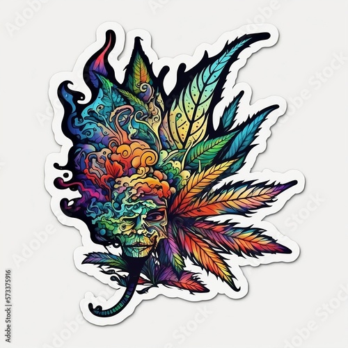 psychedelic marijuana sticker, white background, ganja style 