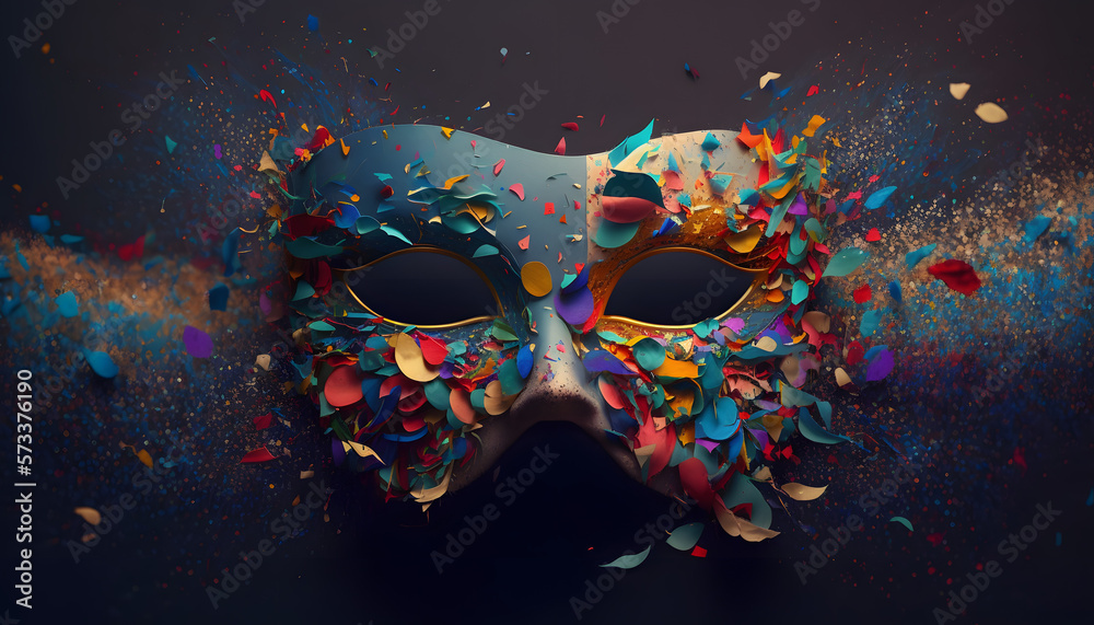 Confetti Carnival: Festive Mask with Colorful Confetti Accents - obrazy, fototapety, plakaty 