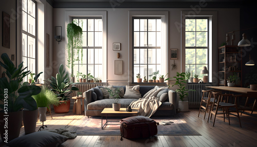 Comfortable Elegance: A Beautifully Decorated Living Room with Large Window and Cozy Furnishings © nUNO