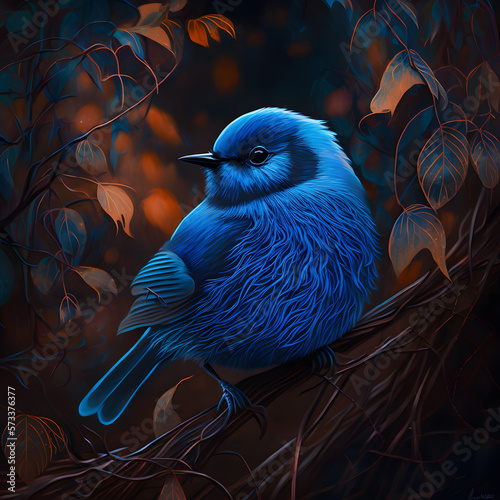 Winged Beauty: A Blue Bird Sitting on a Branch, an Airbrush Painting with Incredible Detail and Texture