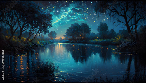 Starry River: A Beautiful and Serene Painting of a Starry Night Sky Above a Peaceful River