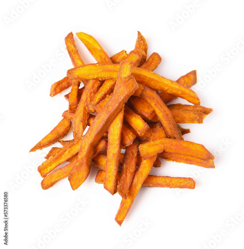 Delicious sweet potato fries on white background, top view