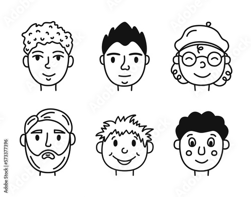 Set of people faces. Hand drawn cute avatars of men and boys. Simple isolated vector illustration in doodle style.
