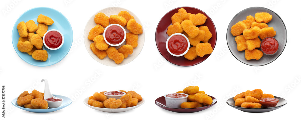 Collage of tasty nuggets served with ketchup on white background, top and side views Collage of tasty nuggets served with ketchup on white background, top and side views