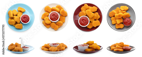 Collage of tasty nuggets served with ketchup on white background, top and side views