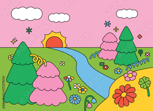 Cartoon background of pink sky. Fantasy landscape with cute nature objects. outline simple vector illustration.